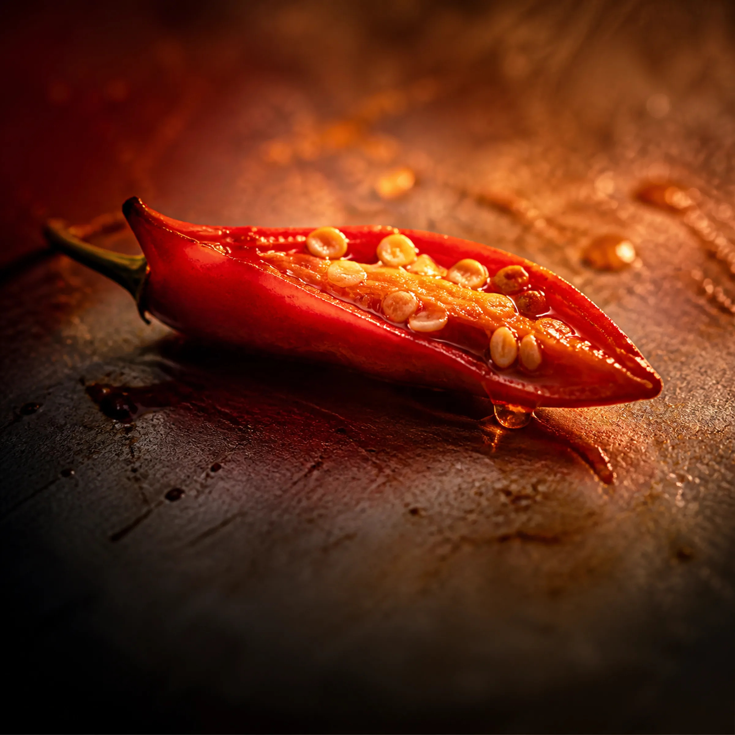 One chilli split open, seeds and oil filling the frame.
