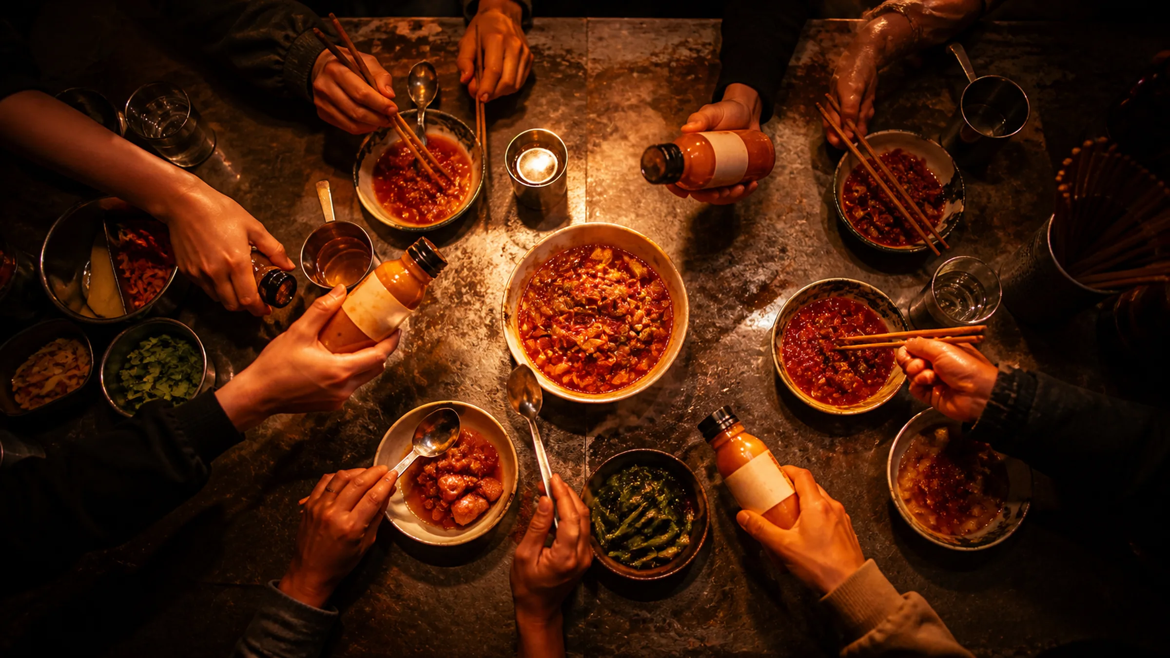 Three hands entering from three edges of the frame toward one bowl.