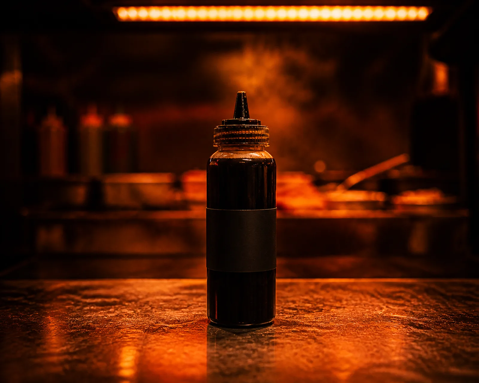 The black bottle on the same counter, turned slightly.