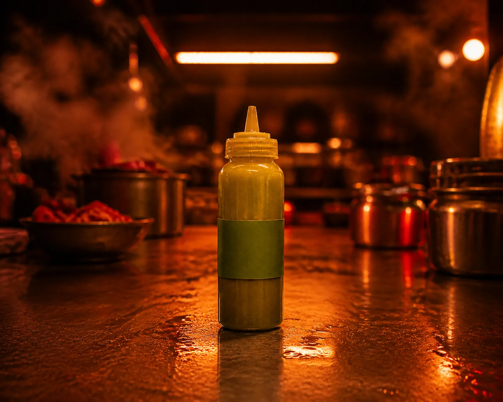 The green bottle upright on a wet steel counter.