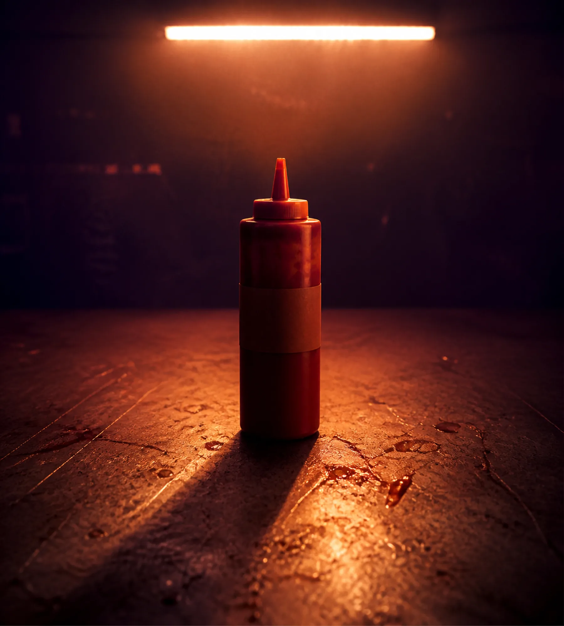 One bottle alone on an empty table under a single cold overhead light.