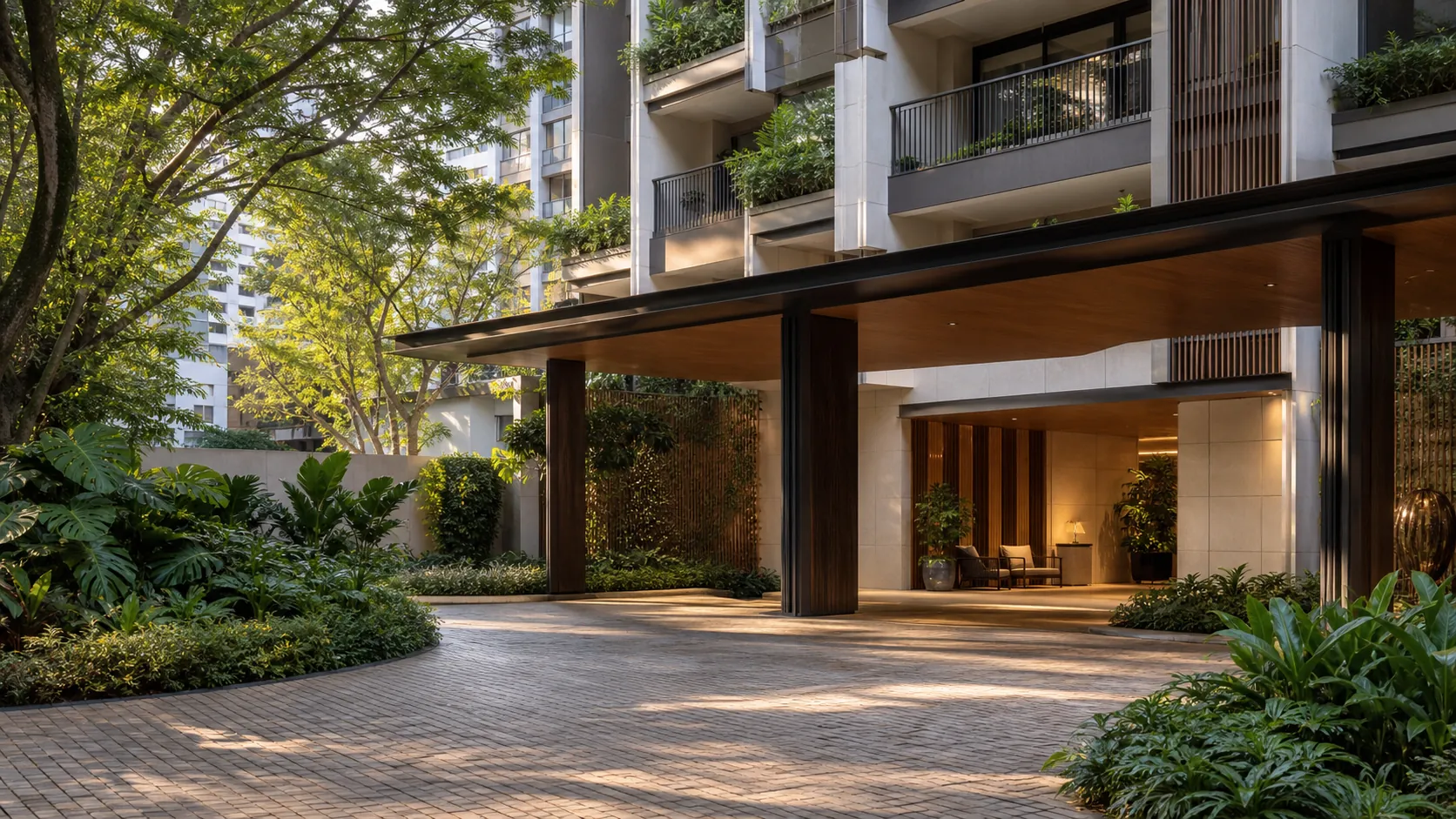 The arrival court of a contemporary Singapore condominium in late afternoon light, with tropical planting and a warmly lit lobby beyond.