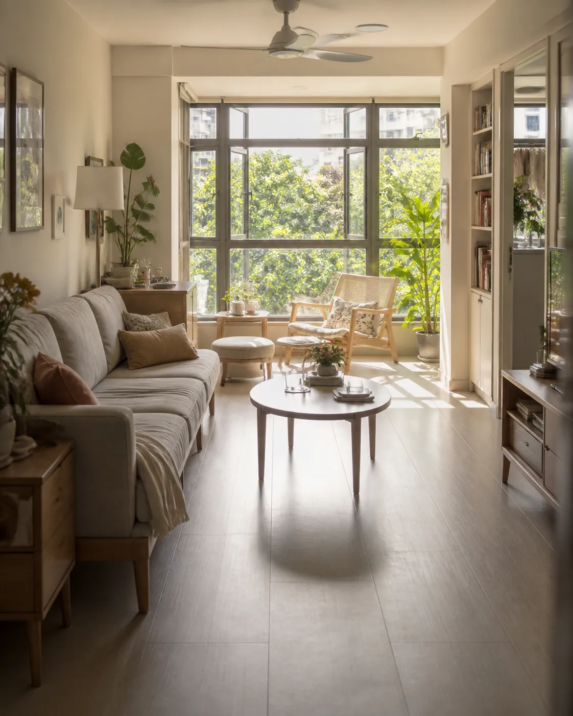 A well kept four room HDB living area with a bright window bay and a sofa along the wall.