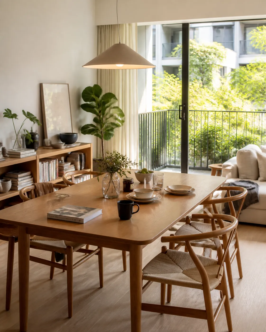 A family sized dining table beside a balcony, laid for a meal in late morning light.