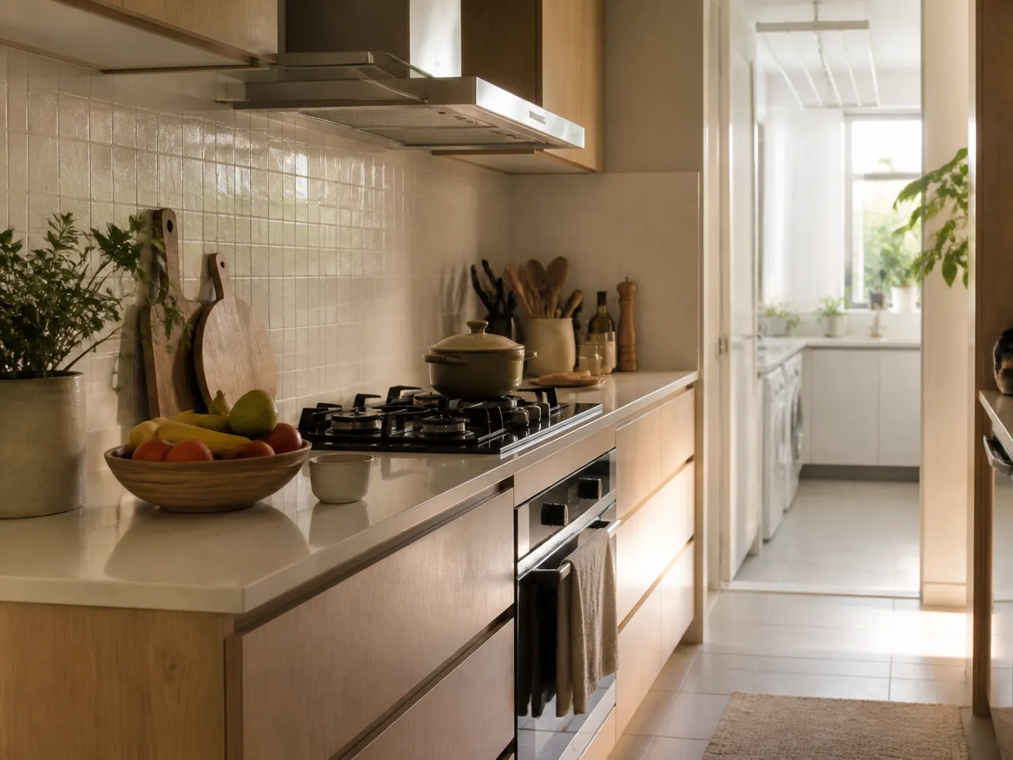 A residential kitchen in late morning light with a fruit bowl, wooden boards and utensils in use.