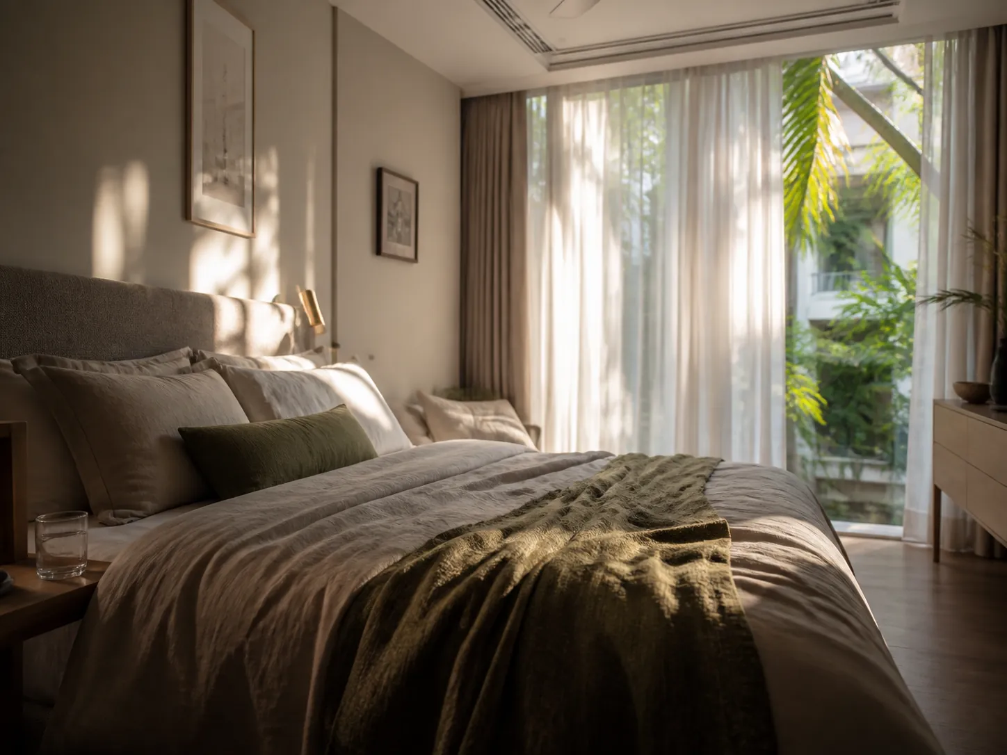 A calm main bedroom with linen bedding and diffused morning daylight through a sheer curtain.