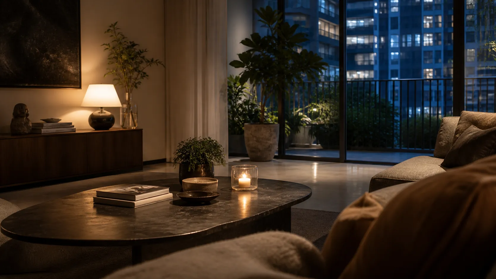 A condominium living room at dusk, warm lamplight inside and the lit windows of a neighbouring block beyond the balcony.