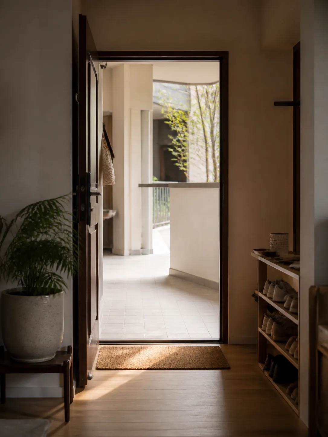 An apartment door standing open onto a bright corridor, seen from inside.