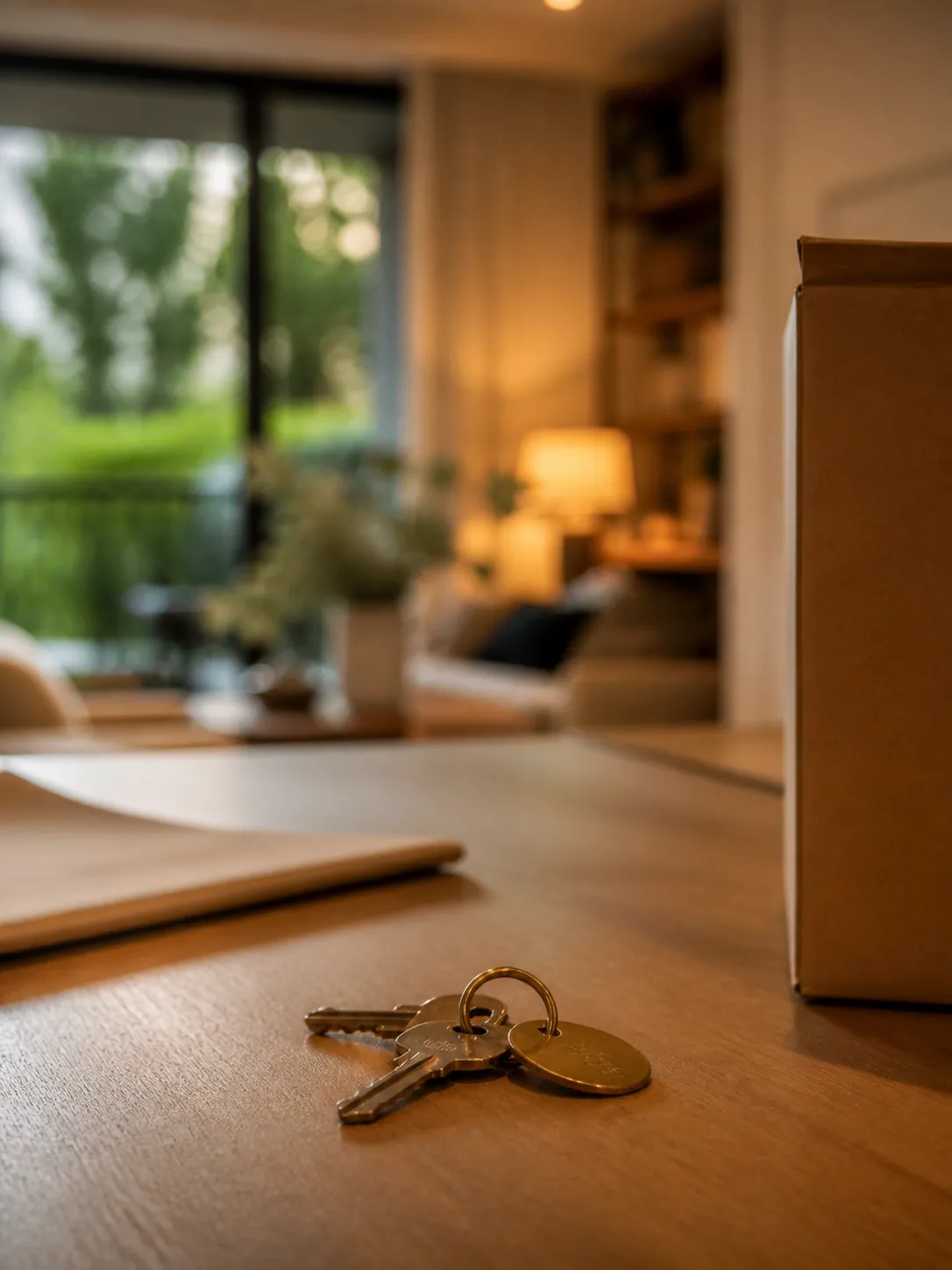 A set of keys on a timber counter in warm lamplight, with a moving box behind them.