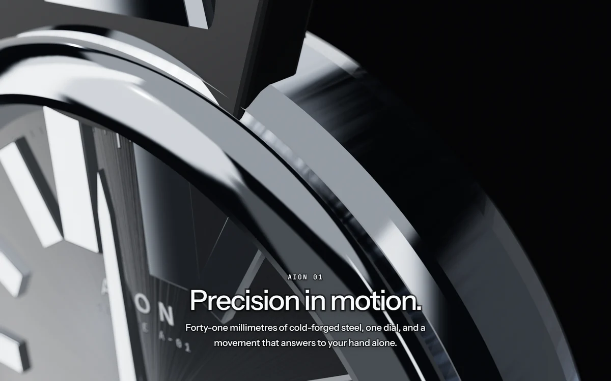 The Precision hero: the AION 01 case in cold forged steel, under the line 'Precision in motion.'