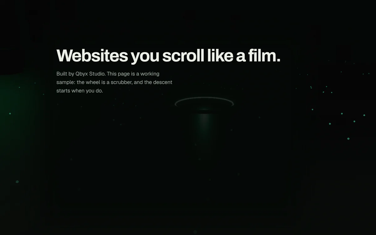 The Revelation hero: the line 'Websites you scroll like a film' over the dark field above the factory.