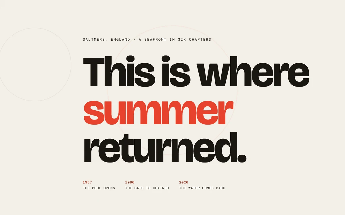 The Summer hero: 'This is where summer returned.' set large in black and red on pale paper.