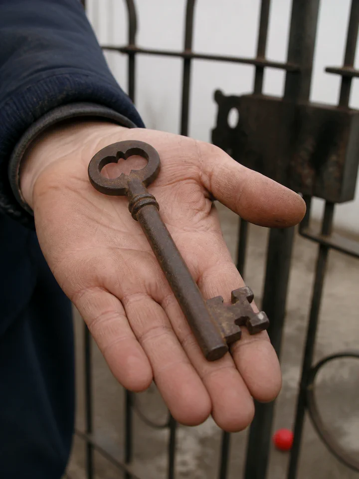 The gate key held in an open hand.
