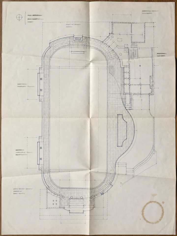 An engineer's survey drawing of the pool basin and plant room.